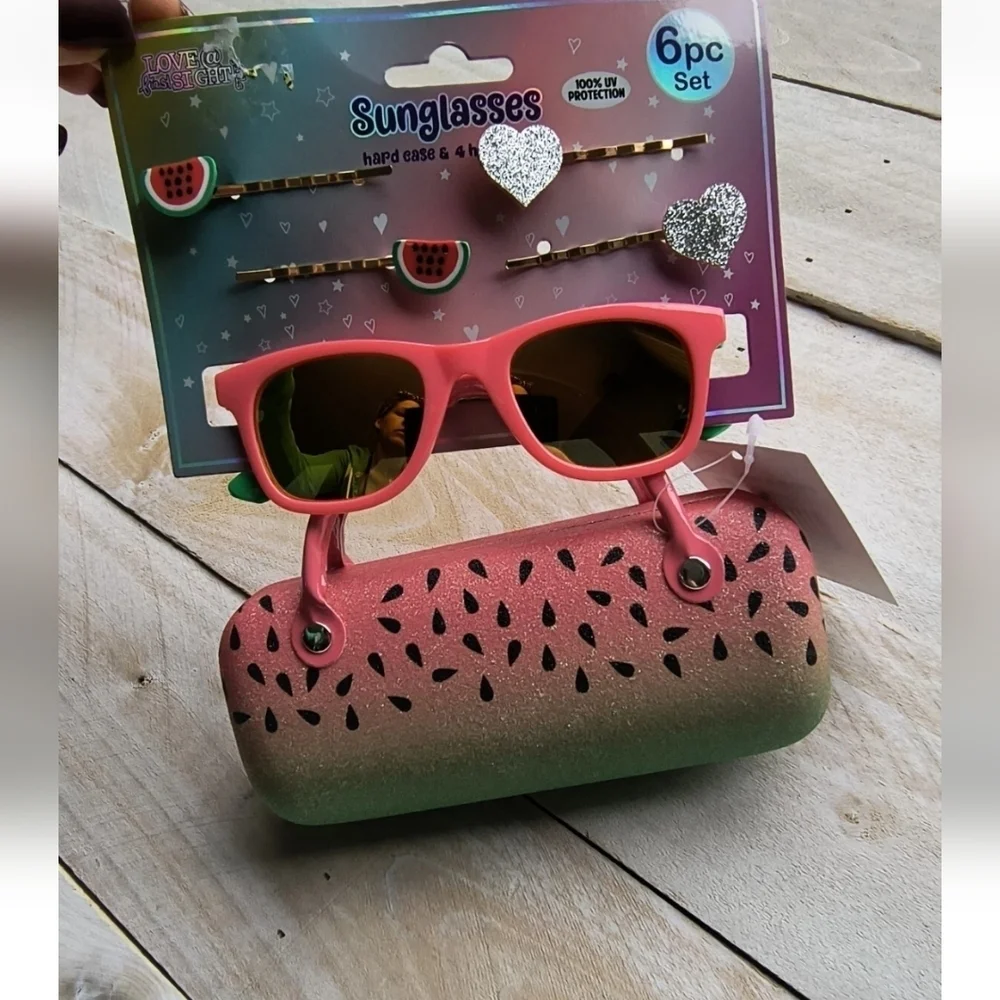 Kids Girls Watermelon Pink Sunglasses and Carrying Case With Hair Clip Set New!